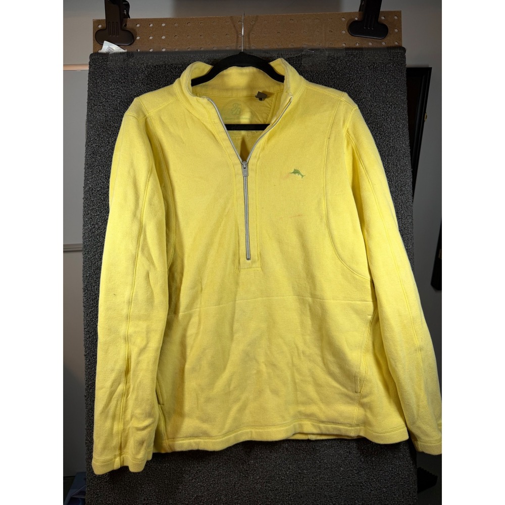 Tommy Bahama Quarter Zip Pullover Mens XL Yellow Ribbed Knit Marlin Logo 383